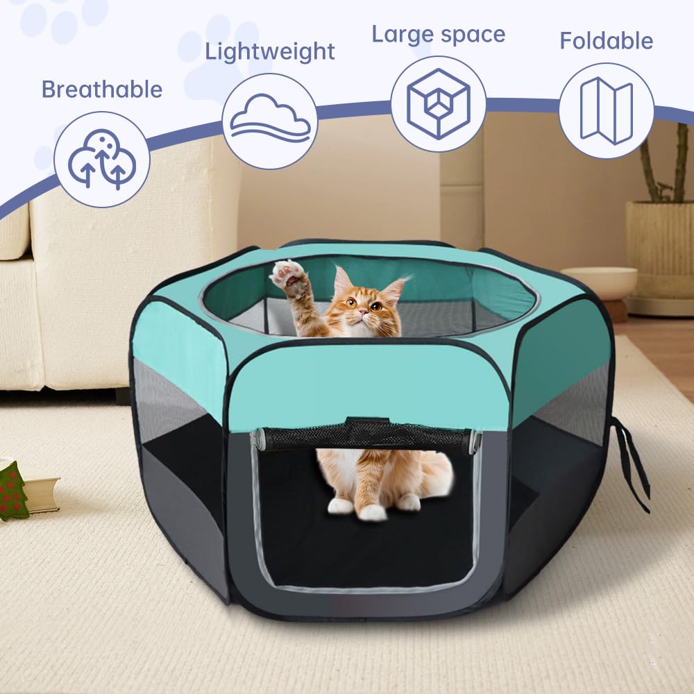 Valla Portátil para Mascotas, 110x110x60 cm Parque Plegable para Mascotas, Parque para Cachorros y Gatos, Productos para Perros Playpen con Cubierta de Red, para Animales Pequeños (Azul Menta)