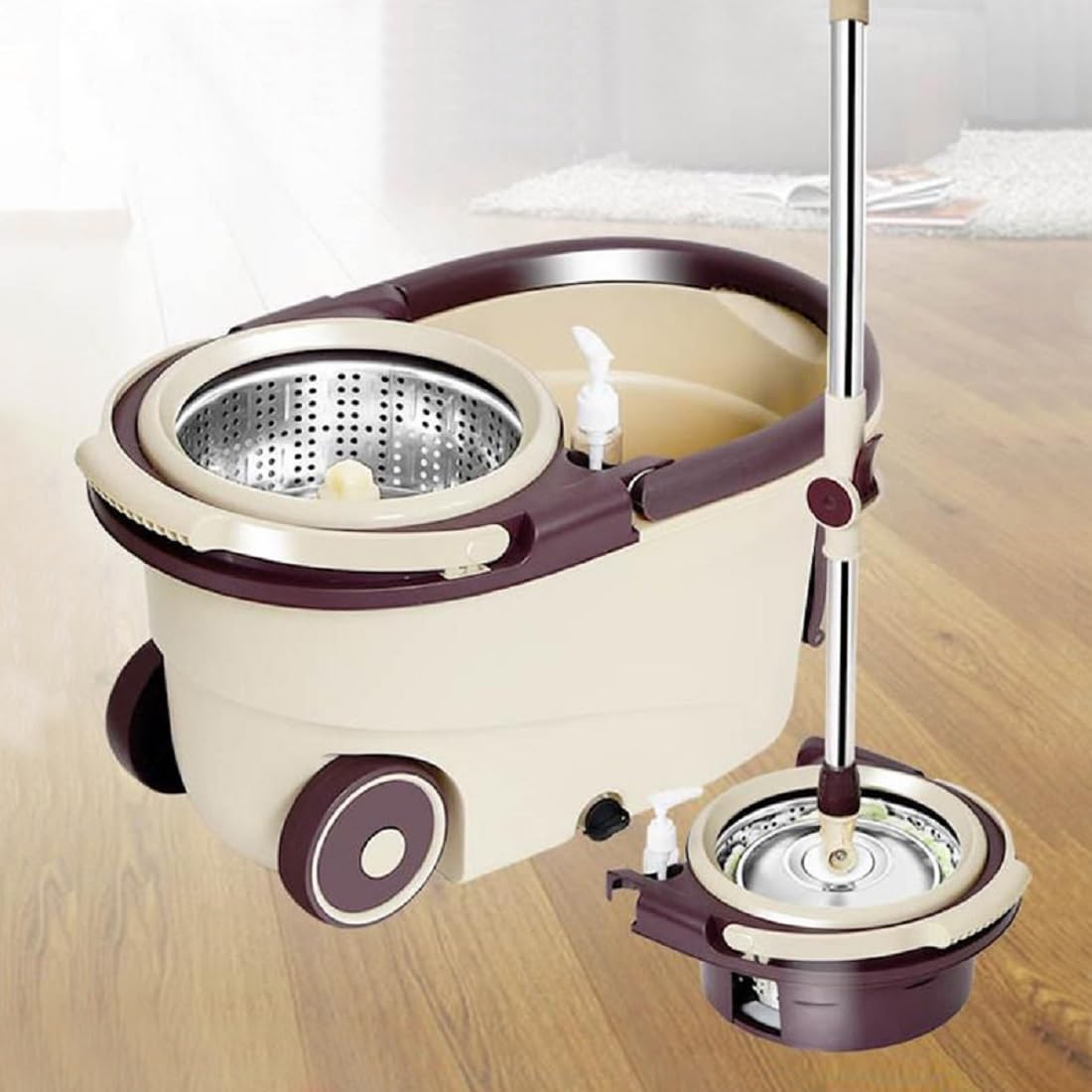 Juego De Fregona con Cubo, Cubo Fregona, con Poleas, Acero Inoxidable Mango Telescópico De 90-122 Cm, Mopas De Limpieza Suelos con Cubo, con 5 Cabezas De Microfibra, Color del Café