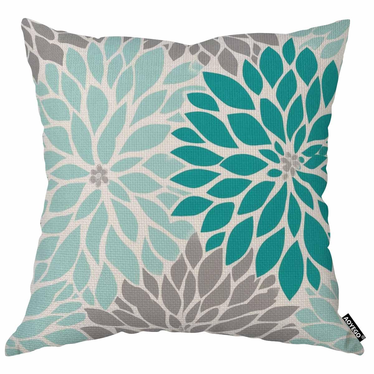 AOYEGO Teal White Turquoise Blue Gray Dahlia Throw Pillow Cover Repeat Dots Pattern Floral Modern Pillow Case 18x18 Inch Decorative Men Women Room