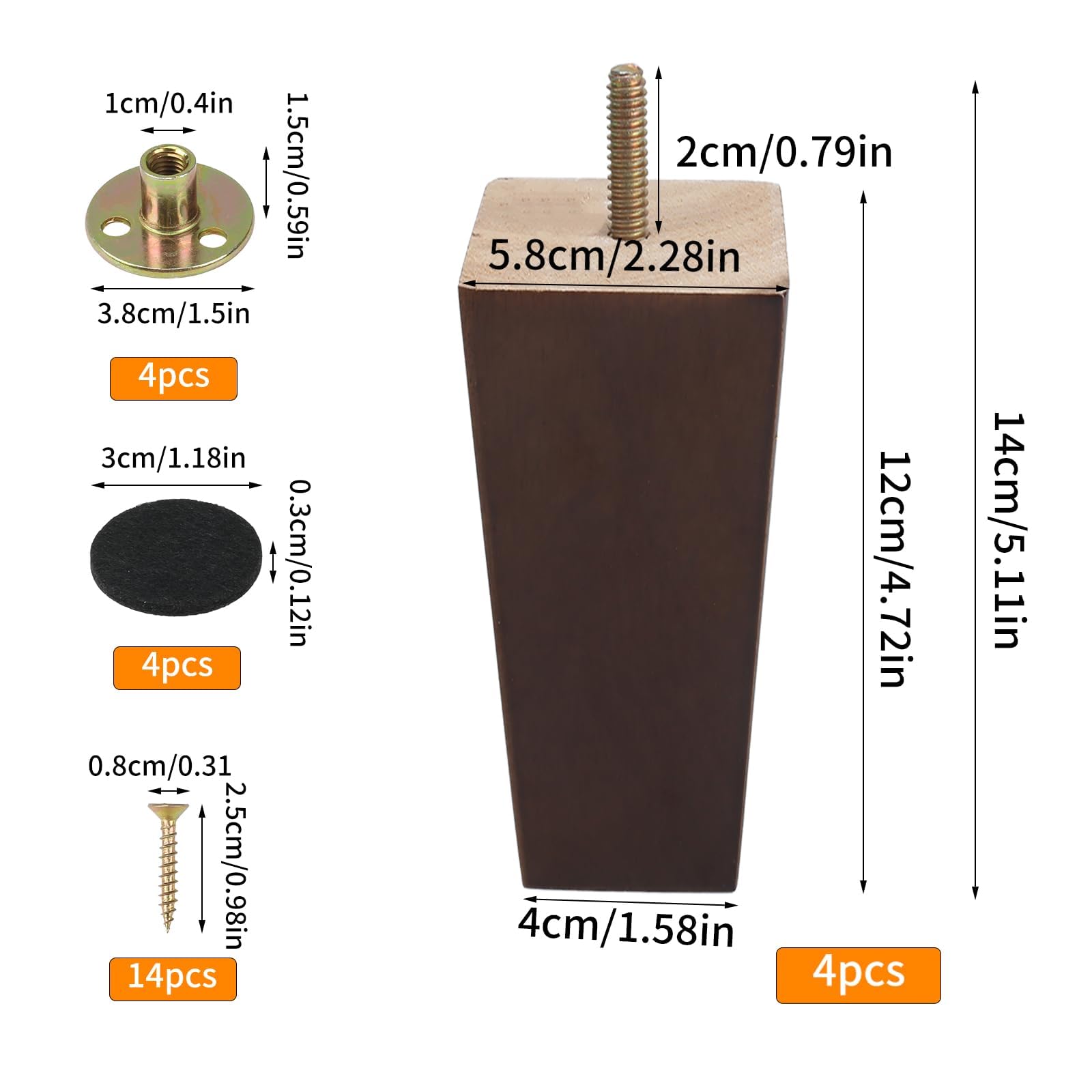 Zythrem 4 Pcs Sofa Legs Wooden Furniture Legs 12cm Walnut Chair Cabinet Legs Solid Wood Sofa Feet Square Furniture Replacement Feet with Mounting Plates Screws Protection Pad for Armchair Couch Bed - Image 2
