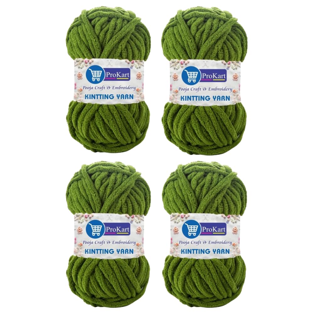 ProKart Premium Blankie Wool, Plush & Cuddly, Chenille Yarn Supersoft Hand Knitting Wool Ball | Blanket Thick/Mottu Yarn Ball Suitable for Hand Knitting and Crocheting for Baby, Adult, Sweaters, caps, Throws, Home Furnishing, Scarves, Blankets (Green, 100gms x 4 Pack)