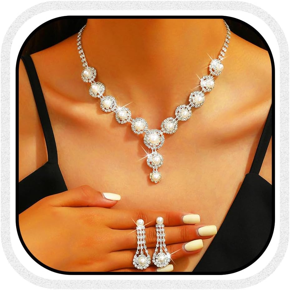 Aukmla Silver Pearl Bridal Wedding Jewelry Set Sparkly Rhinestone Bride Necklace Earrings Sets Prom Jewelry for Women