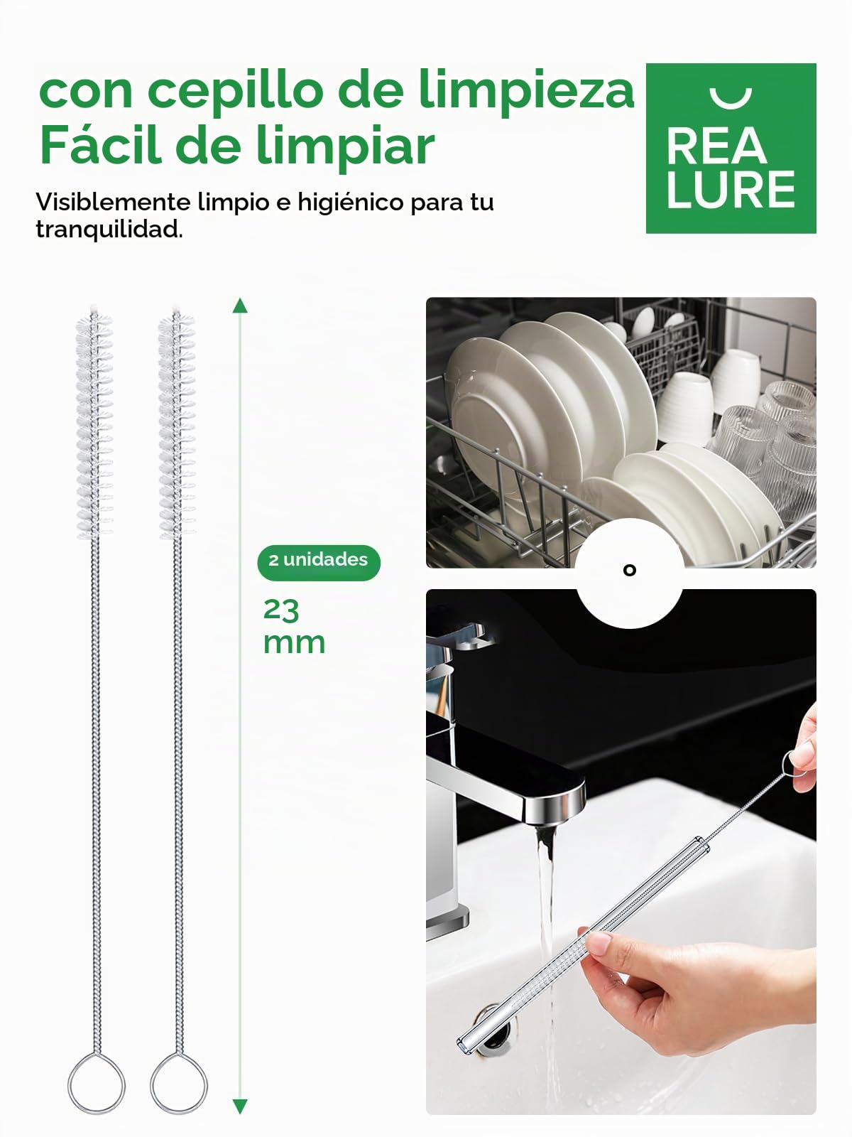 Realure 4 Pcs Pajitas Bubble Tea, 14mm Extra Ancha de Cristal Reutilizables, Transparentes de Vetro Rectas 215mm Con Cepillitos, Para Bubble Tea, Cócteles, Batidos, Jugo