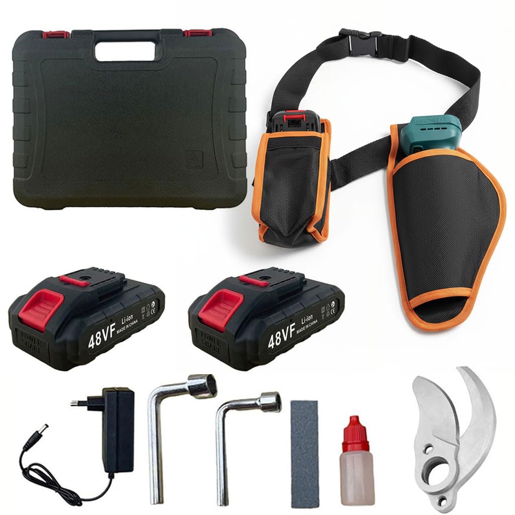 Forbici da Potatura Elettriche a Batteria 48V Professionali – Kit Completo con 2 Batterie, Cintura con Fondina e Valigetta, Taglio 25mm, Cesoie per Ulivo, Vigneto, Alberi da Frutto e Giardino