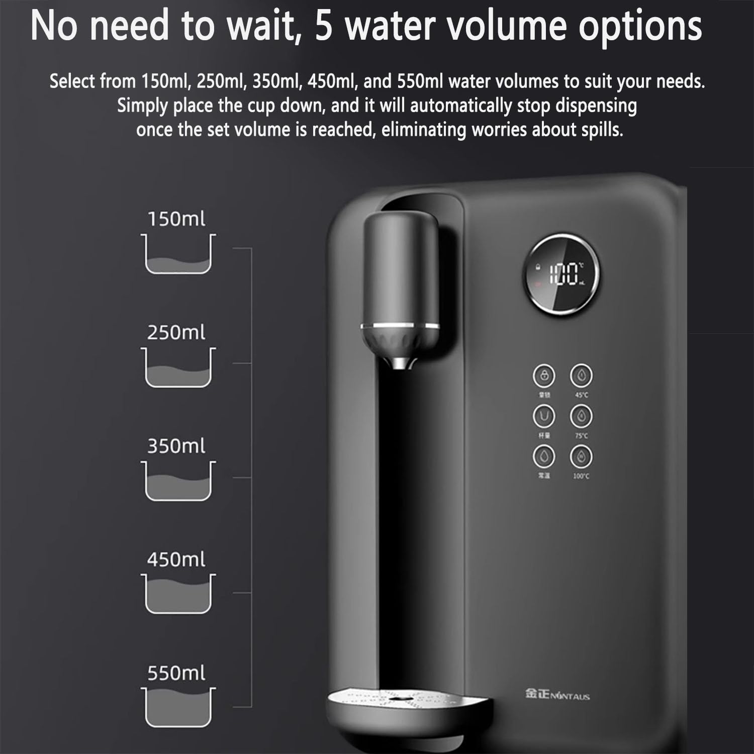 Distributore di acqua calda istantanea, macchina da parete con touchscreen e blocco di sicurezza per bambini, 5 livelli di flusso d'acqua, 4 impostazioni di temperatura per bevande calde e tè