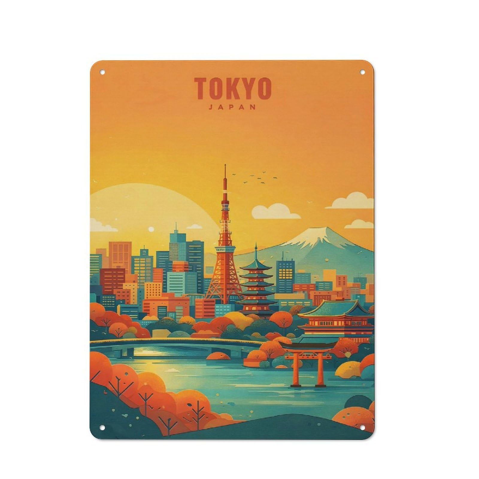 Junmoney Style-13 Tokyo Cityscape With Mount Fuji Vintage Metal Wall Decor 40X30cm, Tin Sign For Cafe, Pub, Workshop Or Home Bar, Small Accent For Blank Walls