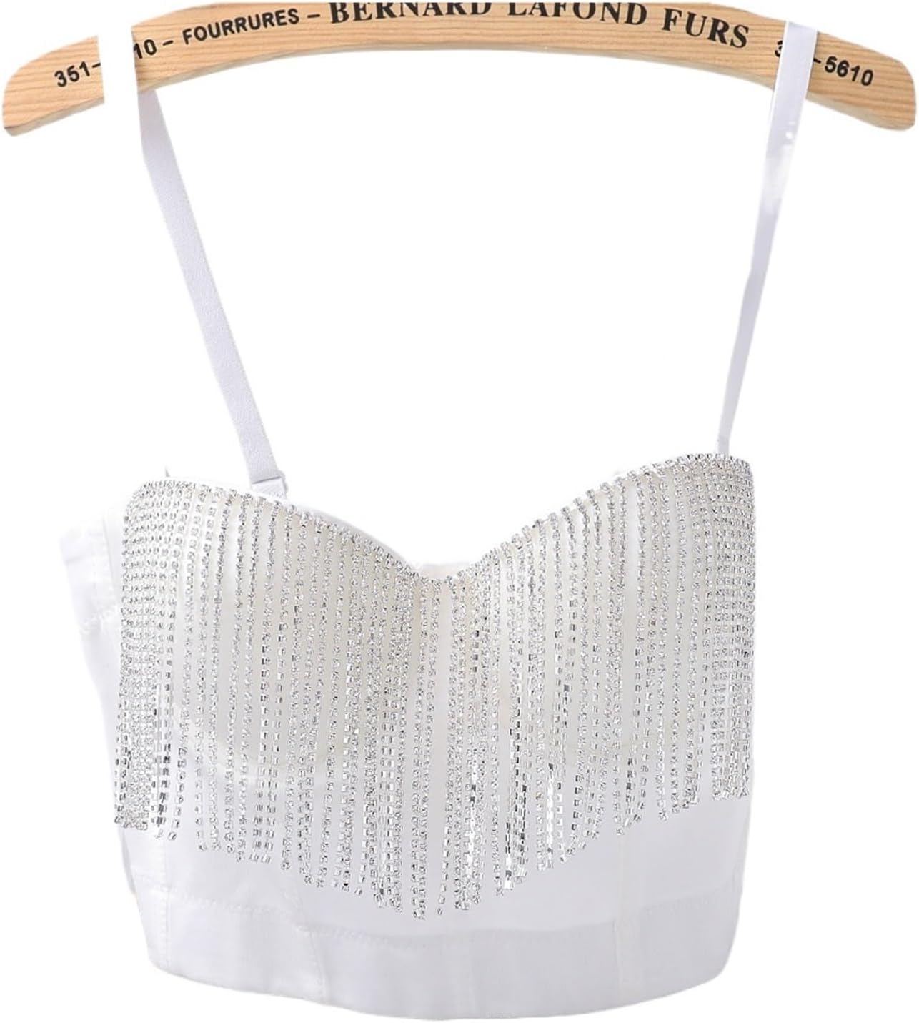 Diamond Fringed Sling Bra with Chains and Tassels Underwear Tube Top Women Underwear Bralette Lingerie Clubwear(34B,White)