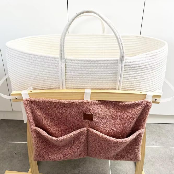 Adm&Eve Bedside Diaper Caddy - Teddy Material With 2 Compartments for Baby Carrier, Crib, Stroller & Changing Table, Hanging Storage Organizer (Dust PINK)