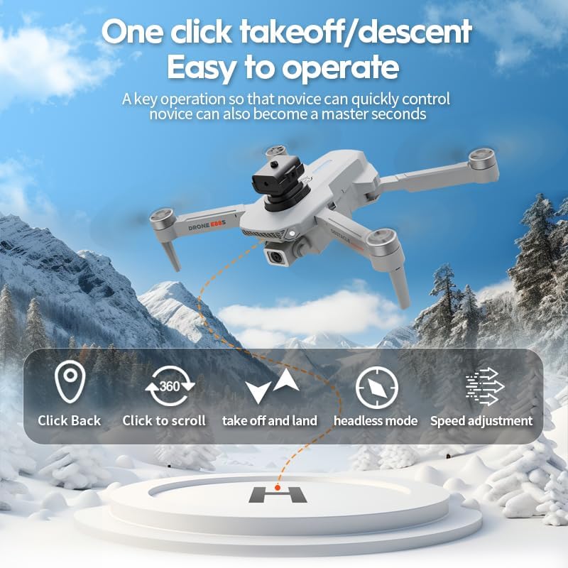 Drone taking off with icons for one-click takeoff, headless mode, speed adjustment, and return to home.