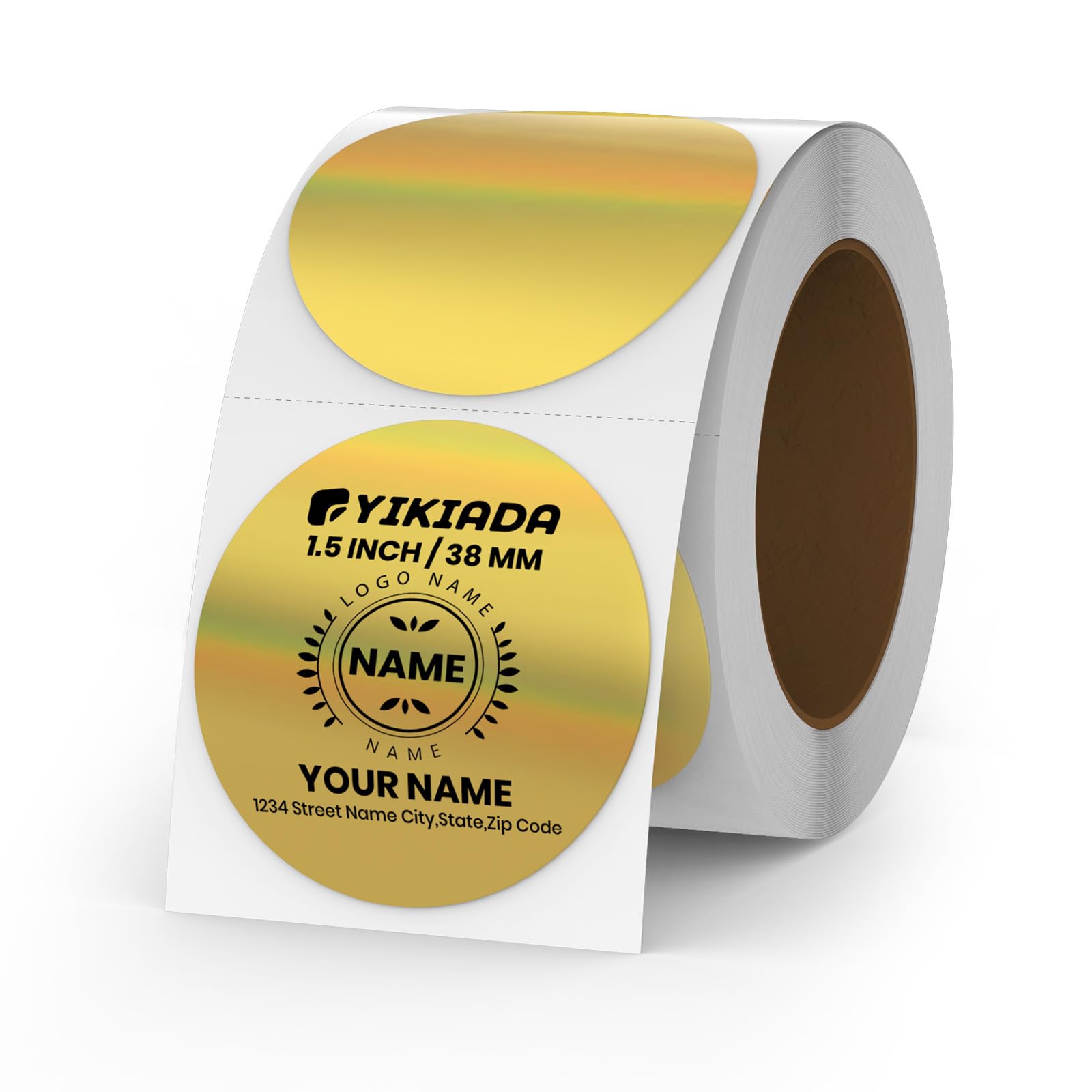 YIKIADA Gold Circle Thermal Labels Vinyl 38 mm Self-Adhesive Round Glitter Stickers Roll Waterproof Printer Decals Name Tag for QR Code DIY Office Address Pack of 200