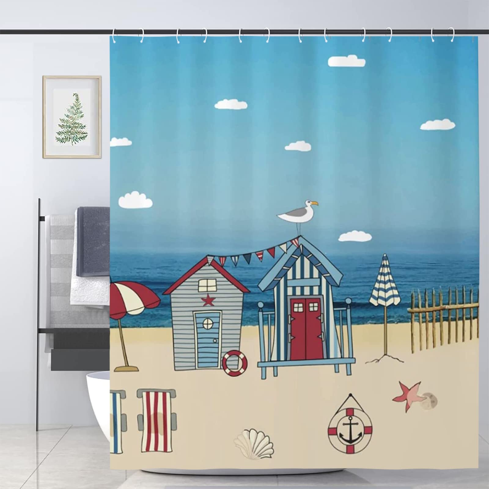 Joocar Men's 5 Beach Hut Cabin Shower Curtain Waterproof Bathroom Curtains With Hooks 60X72 Inch