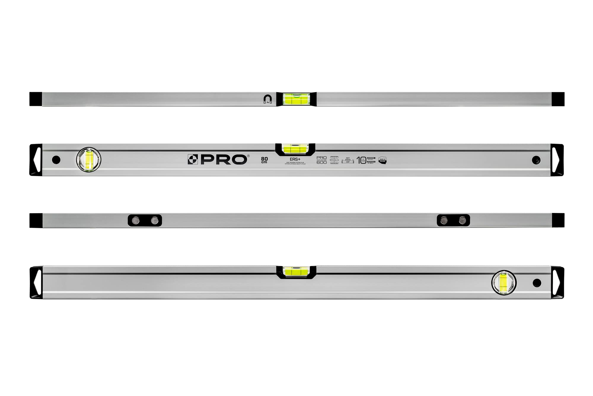 PRO 600 Endurance Lite poziomica - anodowana, magnesy, zdejmowane nasadki antywstrząsowe, ampułki poziome i pionowe, 80 cm