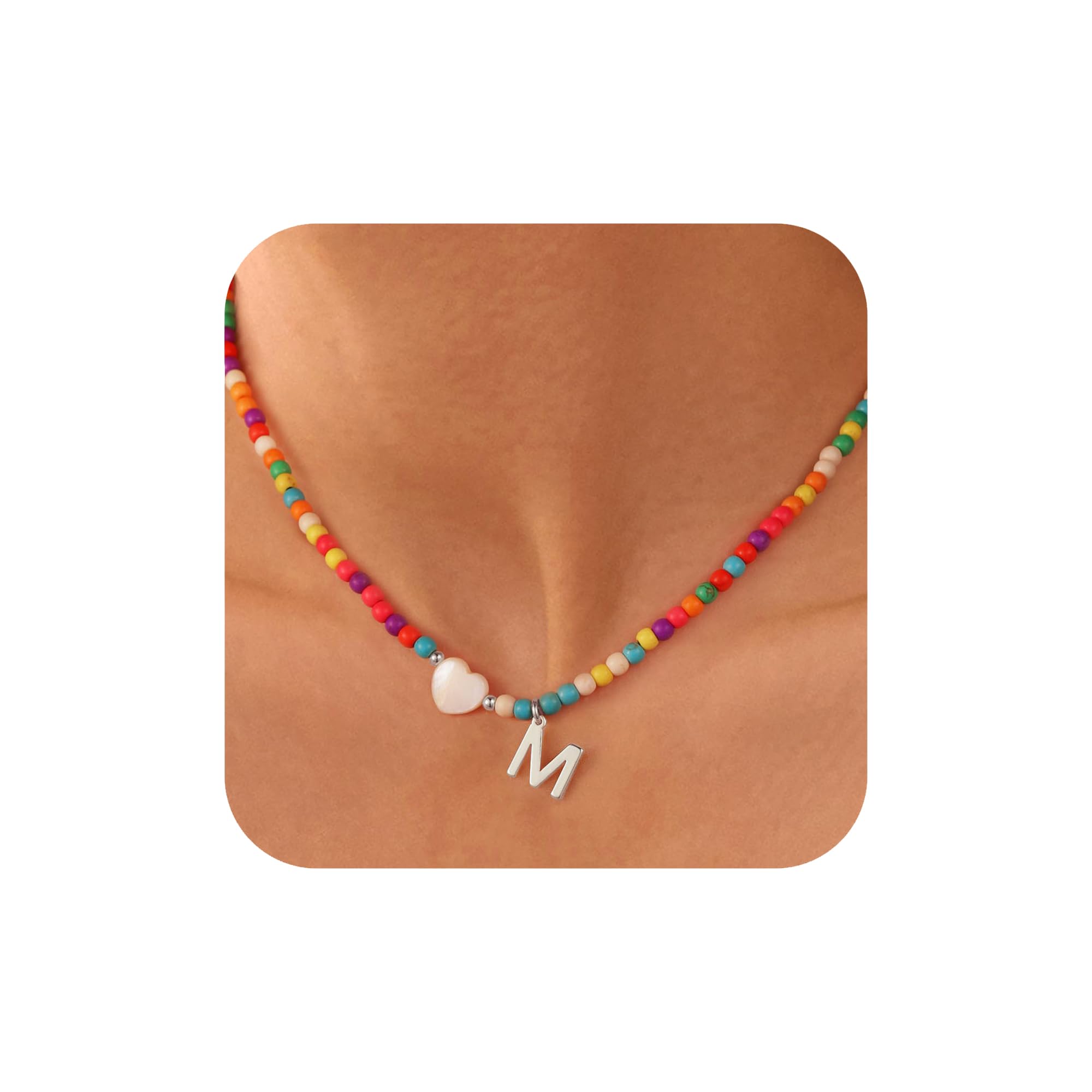 UrsteelColorful Initial Cute Necklaces for Girls - Trendy Beaded Choker Necklace for Women Teen Girl, Personalized Letter Initial Gifts for Women Kids Jewelry