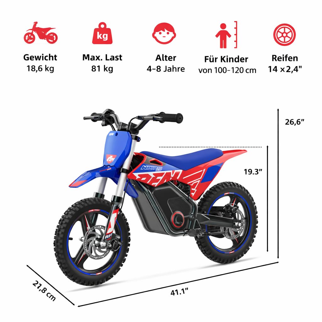 RFN E350 36V Kinder Elektro Dirt Bike, Elektro Motorrad mit 350W Motor | 11,2 Meilen Reichweite & 3 Geschwindigkeiten für Alter 4-8 Jahre
