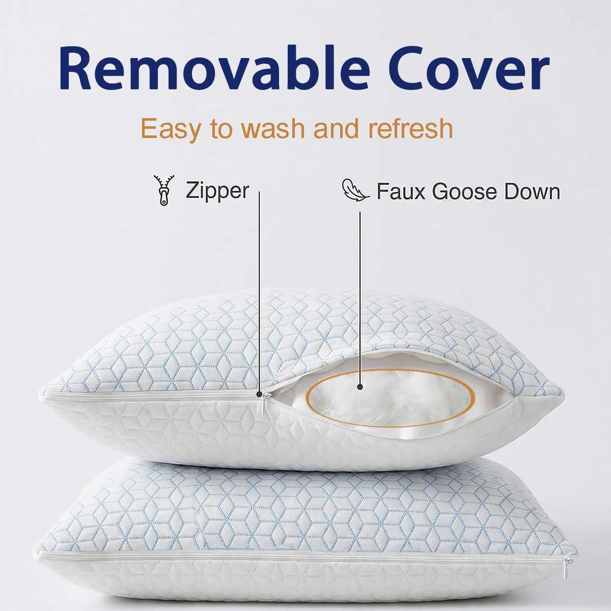 Faux-Goose Down Pillows Standard/Queen Size Set of 2, Cooling Soft Fluffy Pillows with Zippered Removable Cover(Rayon Drived from Bamboo Fabric) for Side Back Stomach Sleepers - 3