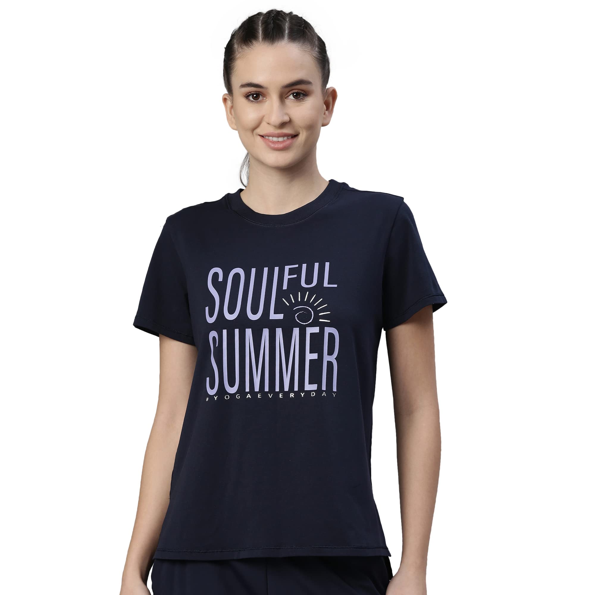 Enamor Athleisure Relaxed Fit Short Sleeve Round Neck Antimicrobial Finish Breathable Stretch Cotton Activewear Sports Tshirt for Women - A301