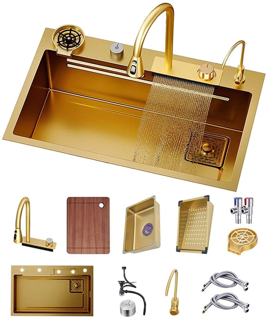 ZQFHSX Gold Waterfall Sink with 3-in-1 Pull-Out Faucet Stainless Steel Single Bowl Workstation Complete Accessory Set Multi-Functional Kitchen (Size: 80x)