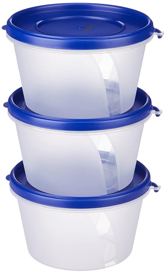 Amazon Brand – Solimo Nestable & Stackable Polypropylene Container Set, Round, 750 ml, Set of 3, Blue at Rs. 142