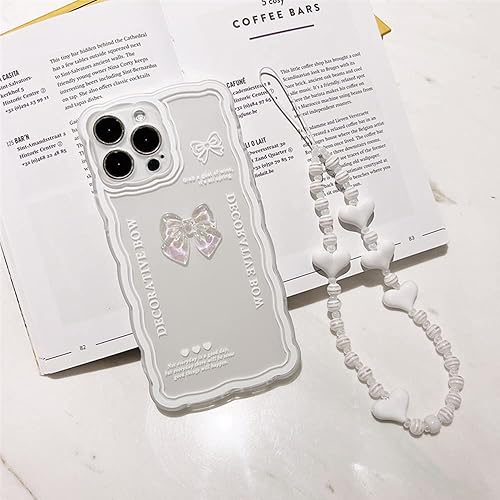 Miniatura 10 de Casechics Funda compatible con iPhone, bonita pajarita de cristal 3D, forma de onda rizada con correa de pulsera de corazón, cadena, transparente,