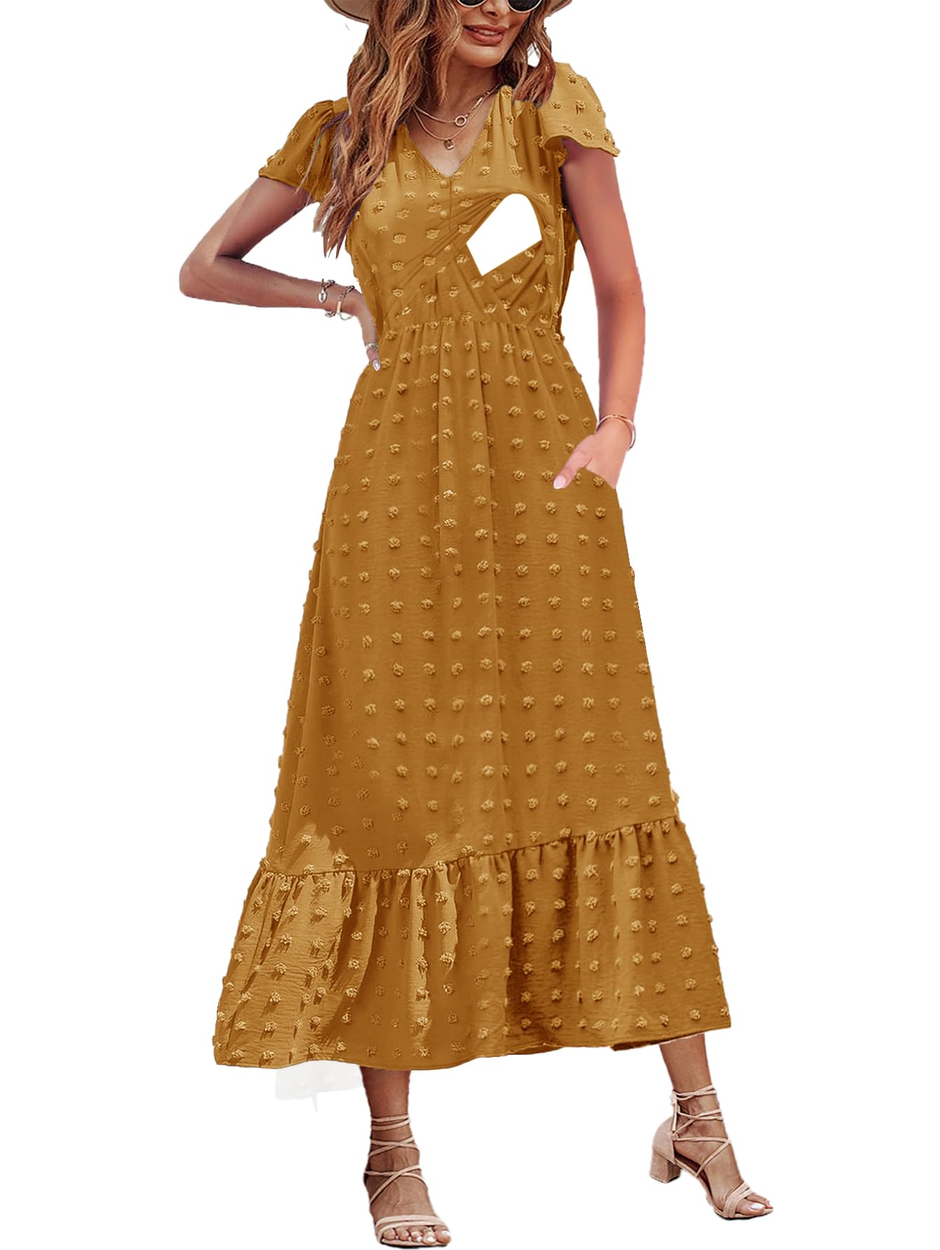 CzzzyL Women Nursing Dresses Cap Short Sleeve V Neck Swiss Dot with Pockets