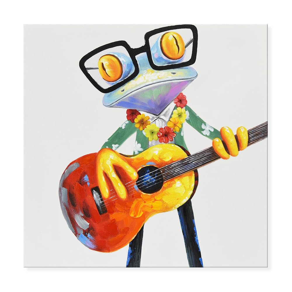 JAPO ART Funny Animal with Glasses Canvas wall art Hawaiian Frog Play Guitar Picture 100% Handpainted Colorful Frog Painting for Home Kidroom Bedroom Livingroom Wall Decor 24x24Inch