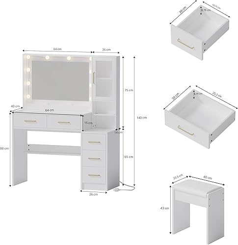 Miniatura 2 de Mesa de tocador blanca con cajón, tocador de maquillaje estilo granja con estación de carga, escritorio de tocador con luces, espejo y cajones para