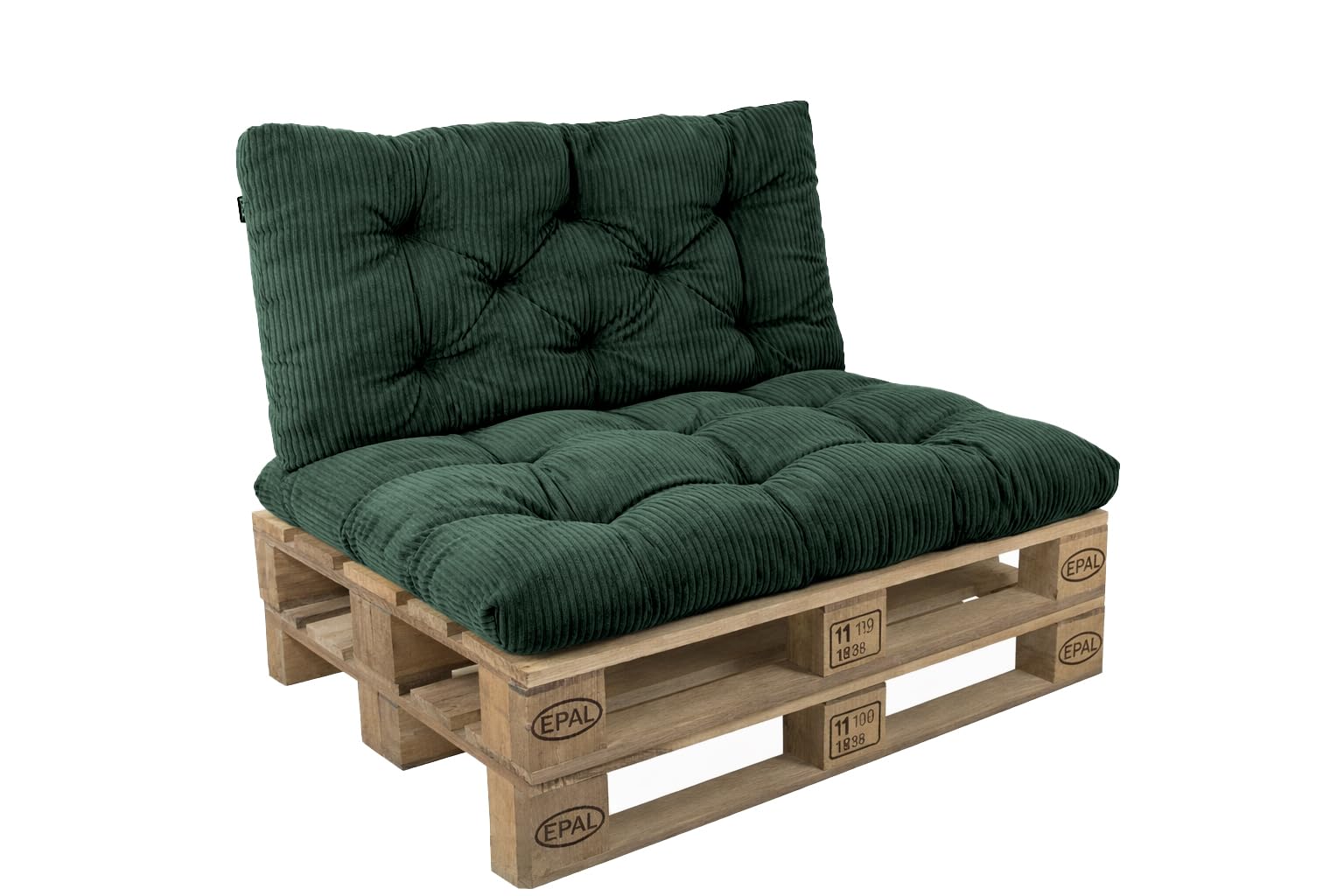 POKAR Set of 2 Pallet Cushions: Seat 120x60 cm + Backrest 120x60 cm in Corduroy | Tufted Cushions for Pallet Furniture and Garden Sofa | Outdoor and Indoor Use | Oeko-Tex | Made in EU | Bottle Green