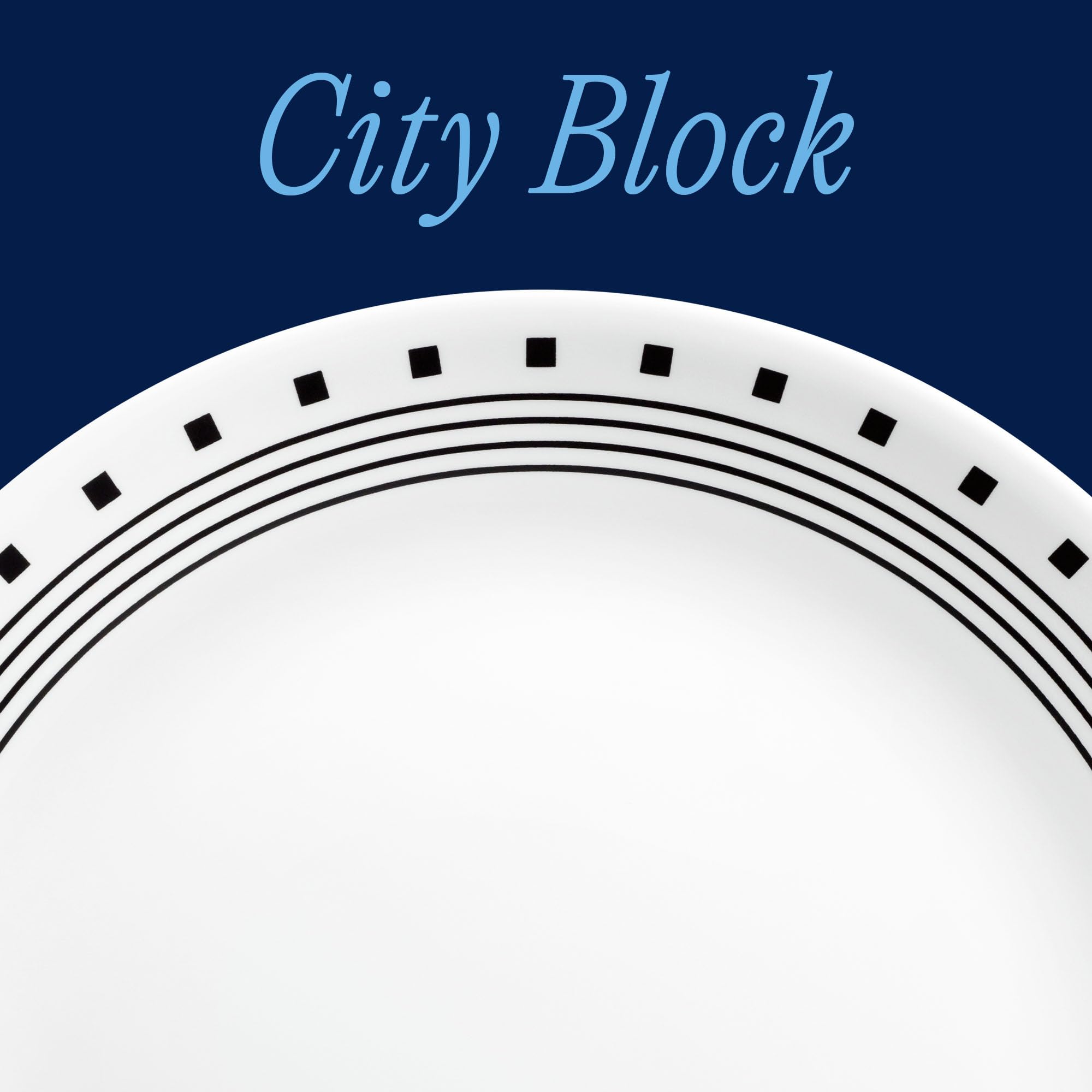 Corelle Juego de vajilla de 18 piezas, bloque de ciudad, servicio en blanco y negro para 6, vajilla resistente a las astillas, incluye platos llanos de 26 cm, platos de ensalada de 17 cm y cuencos de