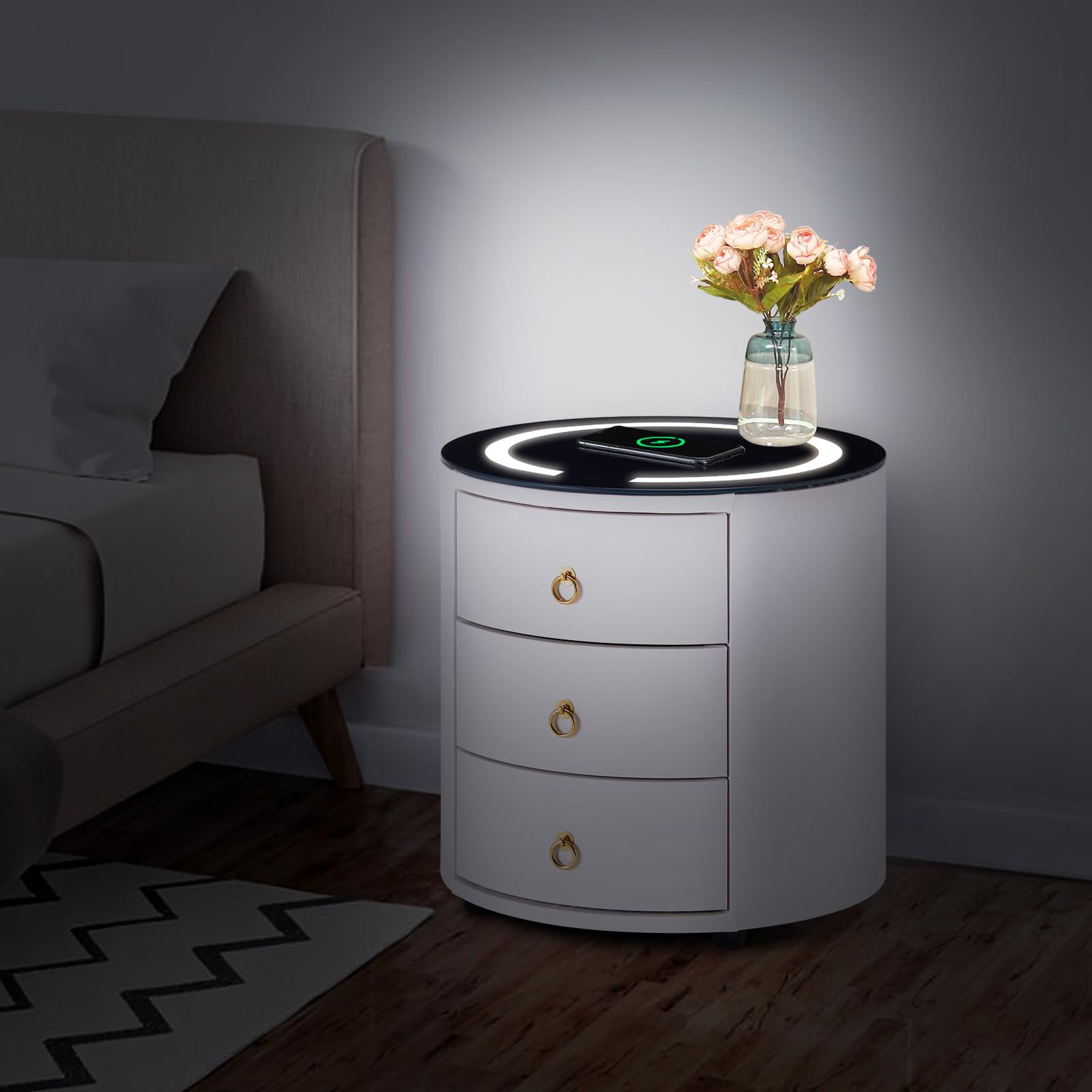 LEMROE Comodino rotondo con luce LED regolabile e stazione di ricarica wireless in vetro, Comodino intelligente con 3 cassetti, Tavolino da camera da letto (1, Bianco)
