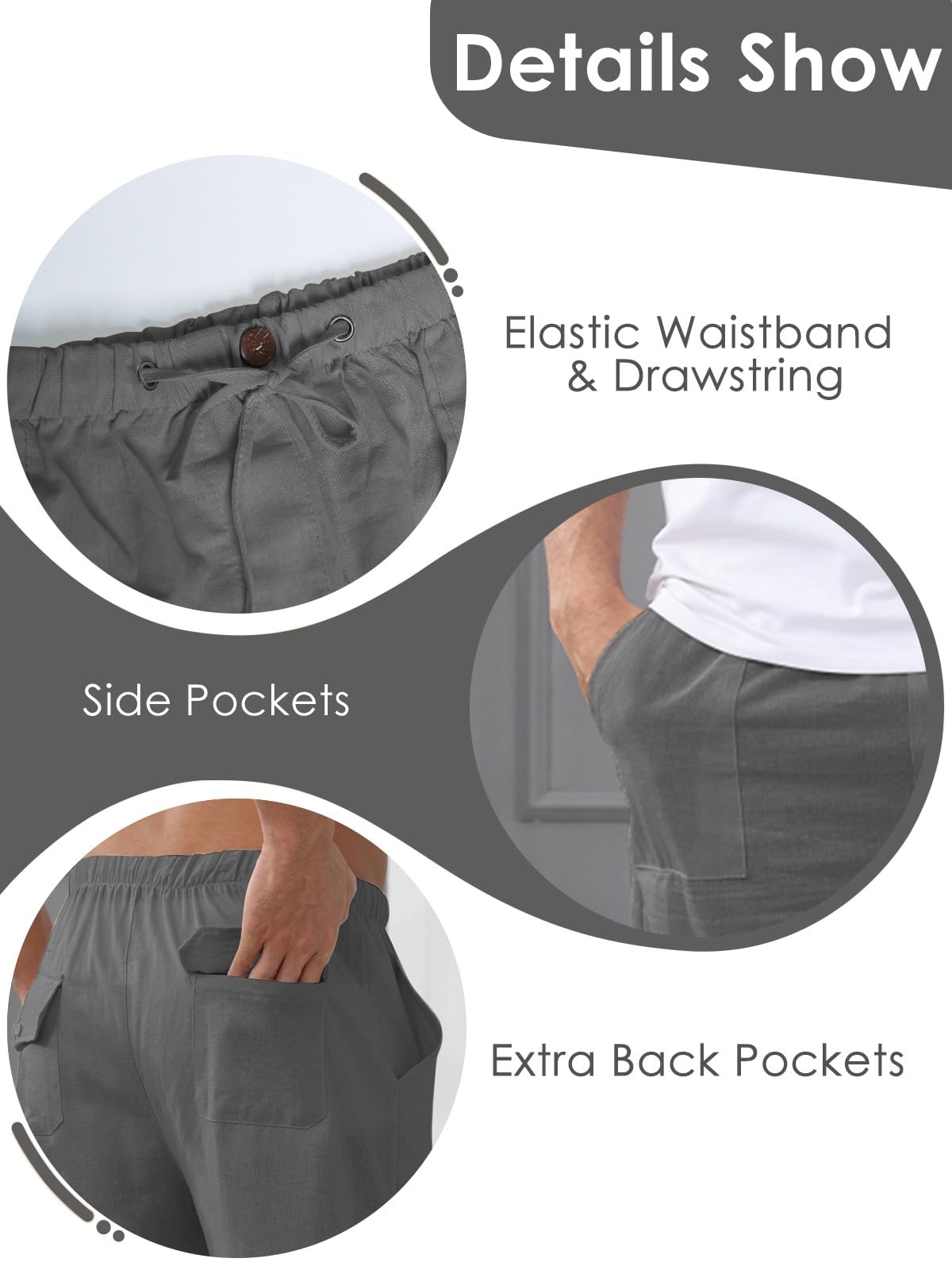 Pantalon Lino Hombre Pantalones Holgados de Ocio Pantalones Ligeros de Verano para Hombre con Bolsillos, Cintura Elástica y Cordón