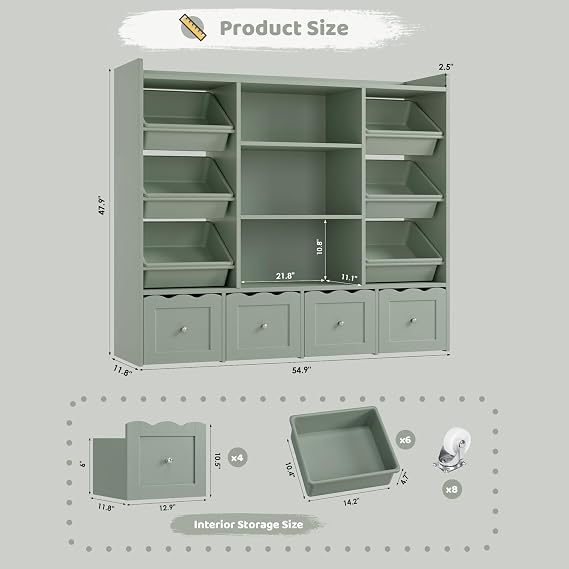 HITHOS 55 W Kids Toy Storage Organizer with 10 Toy Box & Book Shelf, Green