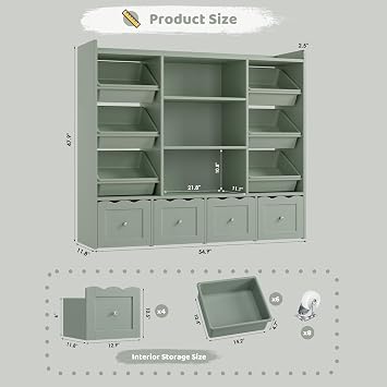 HITHOS 55 W Kids Toy Storage Organizer with 10 Toy Box & Book Shelf, Green