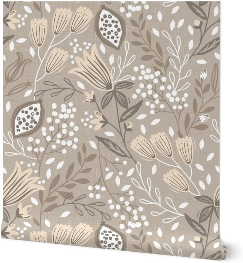 Spoonflower Peel & Stick Wallpaper 3ft x 2ft - Neutral Botanical Meadow Floral Nature Seeds Leaf Custom Removable Wallpaper