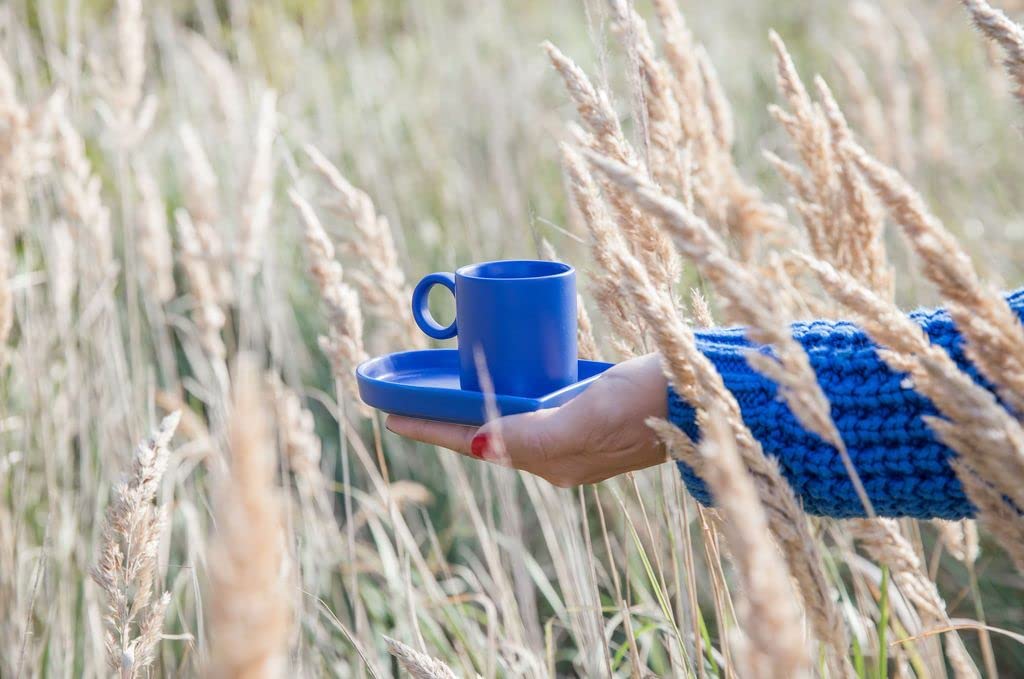 BY ON Niki Tasse Expresso Avec Soucoupe Porcelaine Bleu - Design Scandinave Rétro Minimaliste