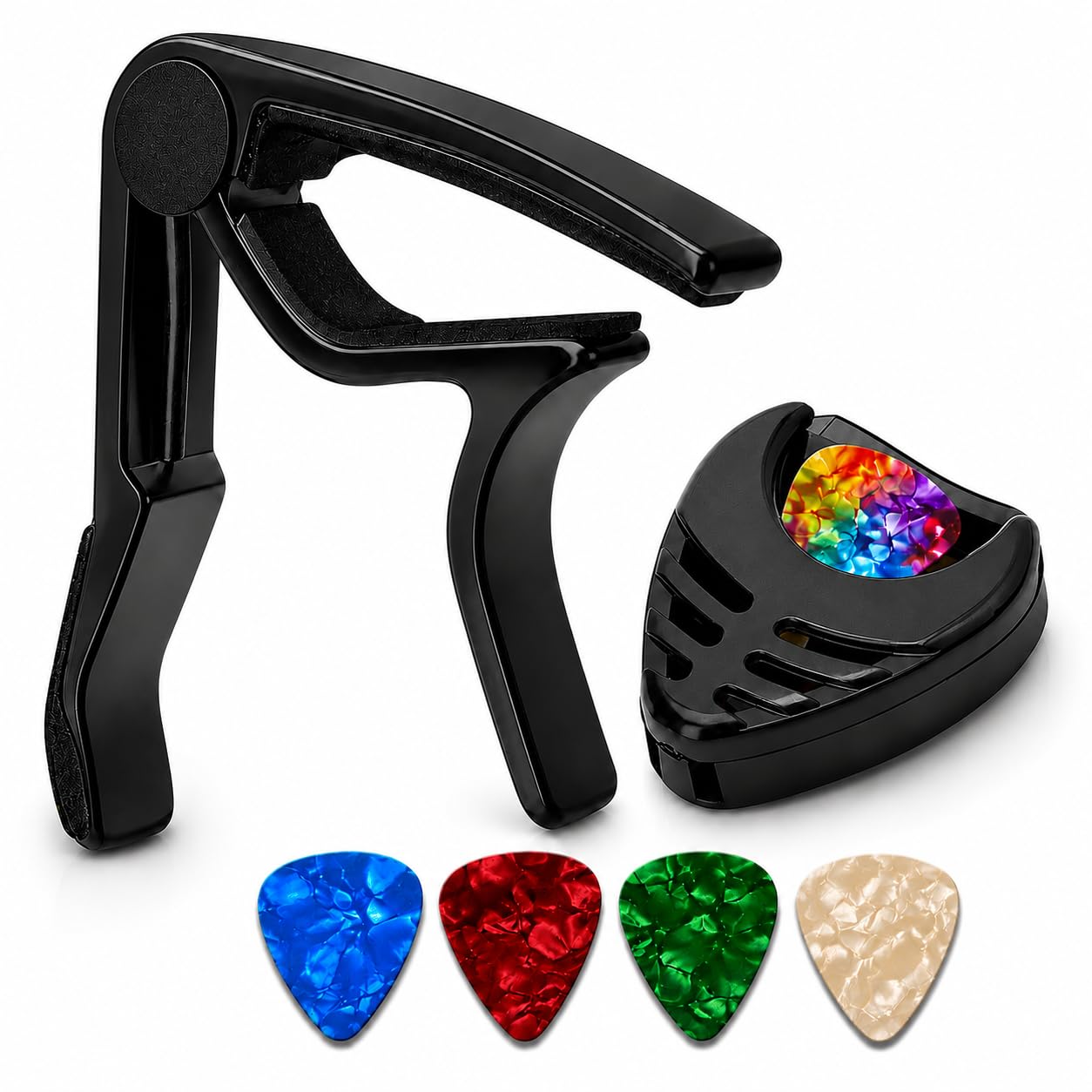 MOCKING BIRD Guitar Capo Quick Change for Acoustic, Electric & Ukulele + Multicolor Pick Holder with 10 Celluloid Picks, Easy Stick-On, Universal Fit, Durable Black Capo Set for Guitar Accessories Kit-image-37