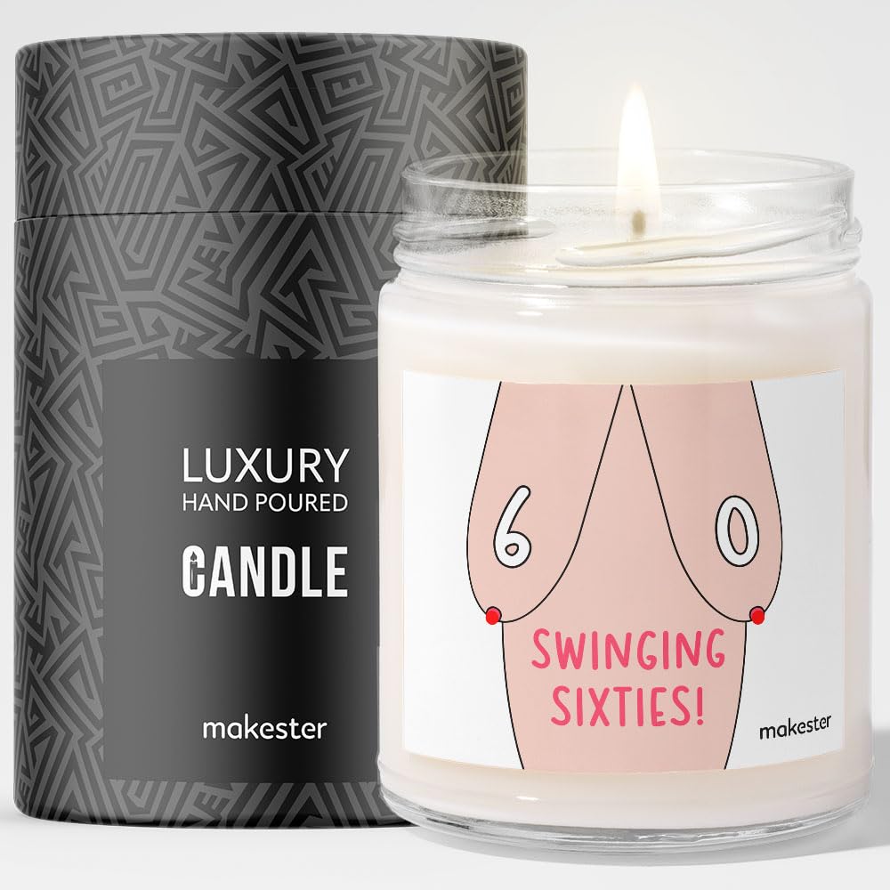 Makester White Funny 60Th Birthday Gifts - Luxury Soy Wax Candle - Vanilla, Jasmine, Sugared Almond