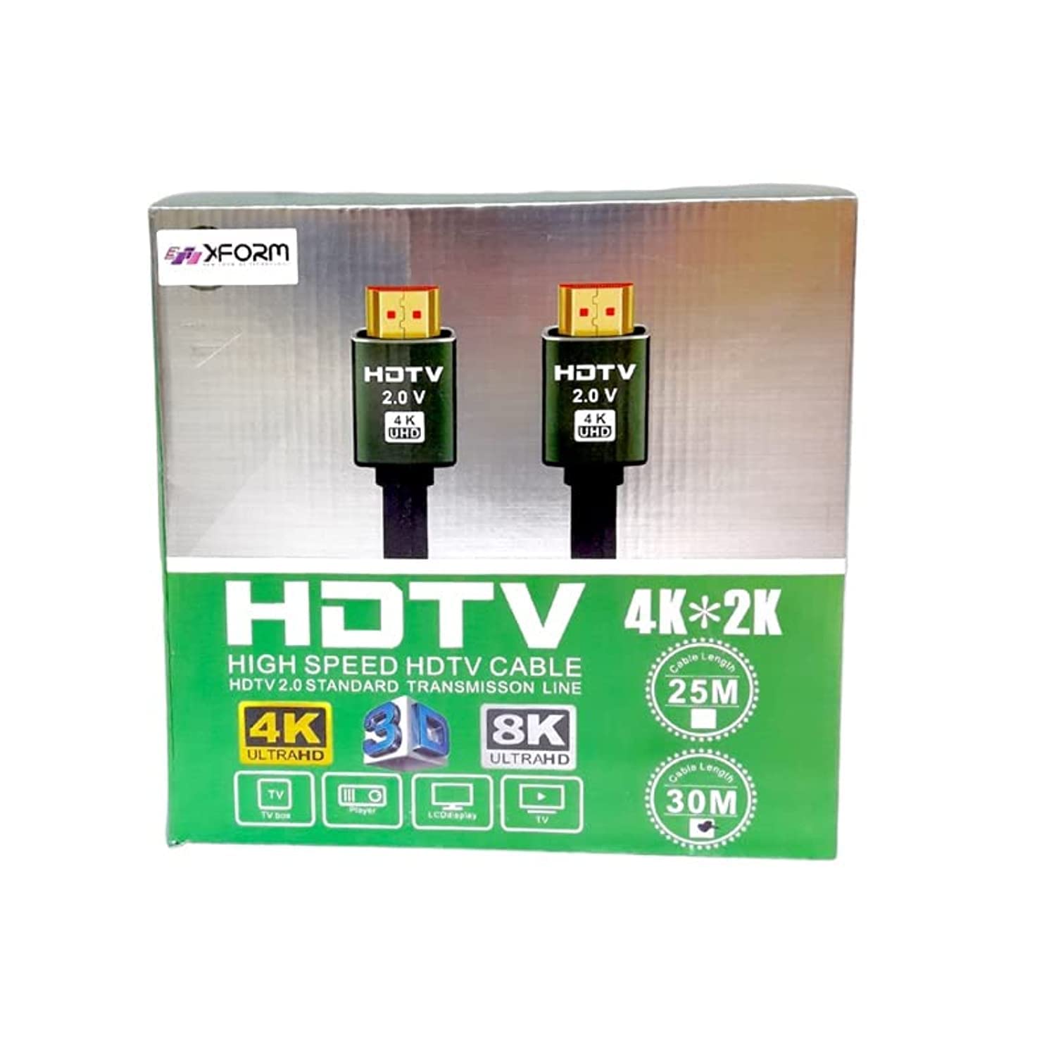 XFORM HDMI 2.0V 4K HDMI Cable / 30 Meter/OD 8.0mm 19+1 CCS Support 3D 1080P 4K*2K Color Box Packing 30M