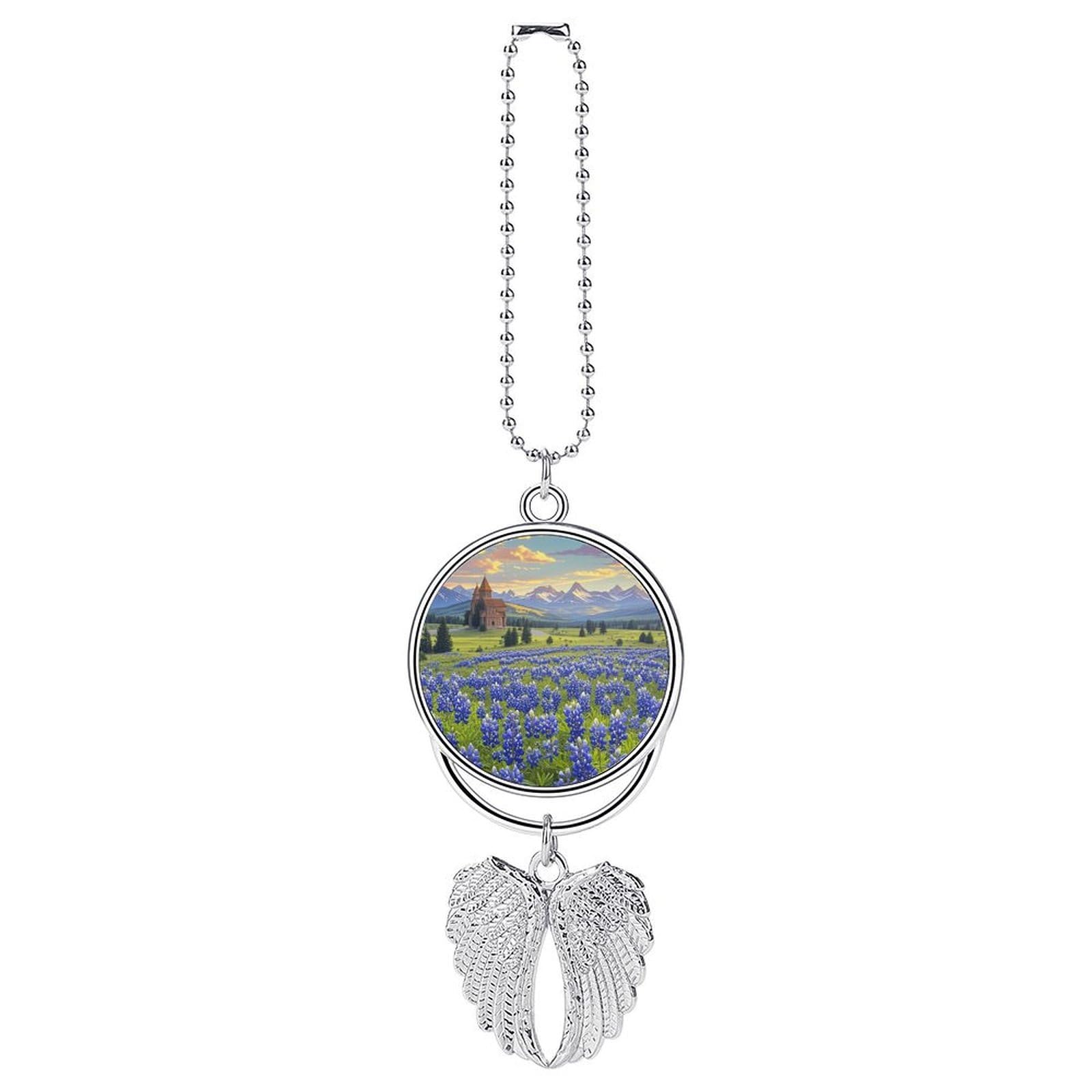 Texas Bluebonnets Scenery Car Charm Alloy Car Rear View Mirrors Hanging Ornaments Stylish Car Pendant Funny Auto Hanging Accessories Car Hanging Ornaments Gift for Women Men