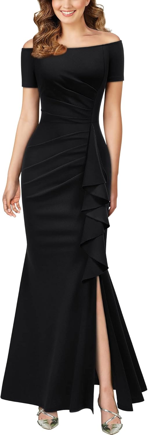 AISIZE Women's Elegant Off Shoulder Ruffle Formal Evening Long Dress