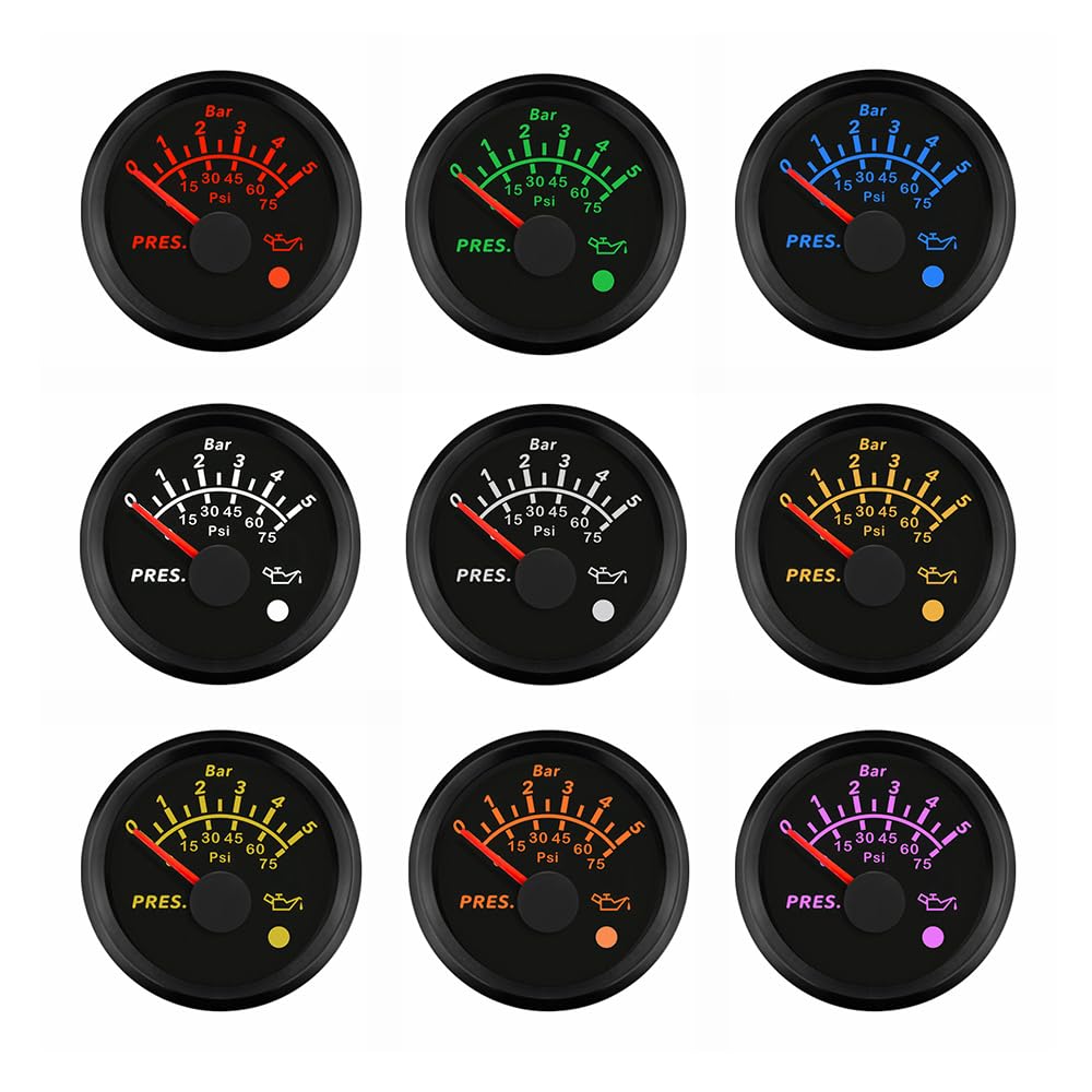 ELING 52 mm Öldruckmessgerät 0–5 bar 0–75 psi 0–10 bar 0–145 psi mit 8 Farben Hintergrundbeleuchtung und Lichtalarm für Gabelstapler Traktoren Bagger
