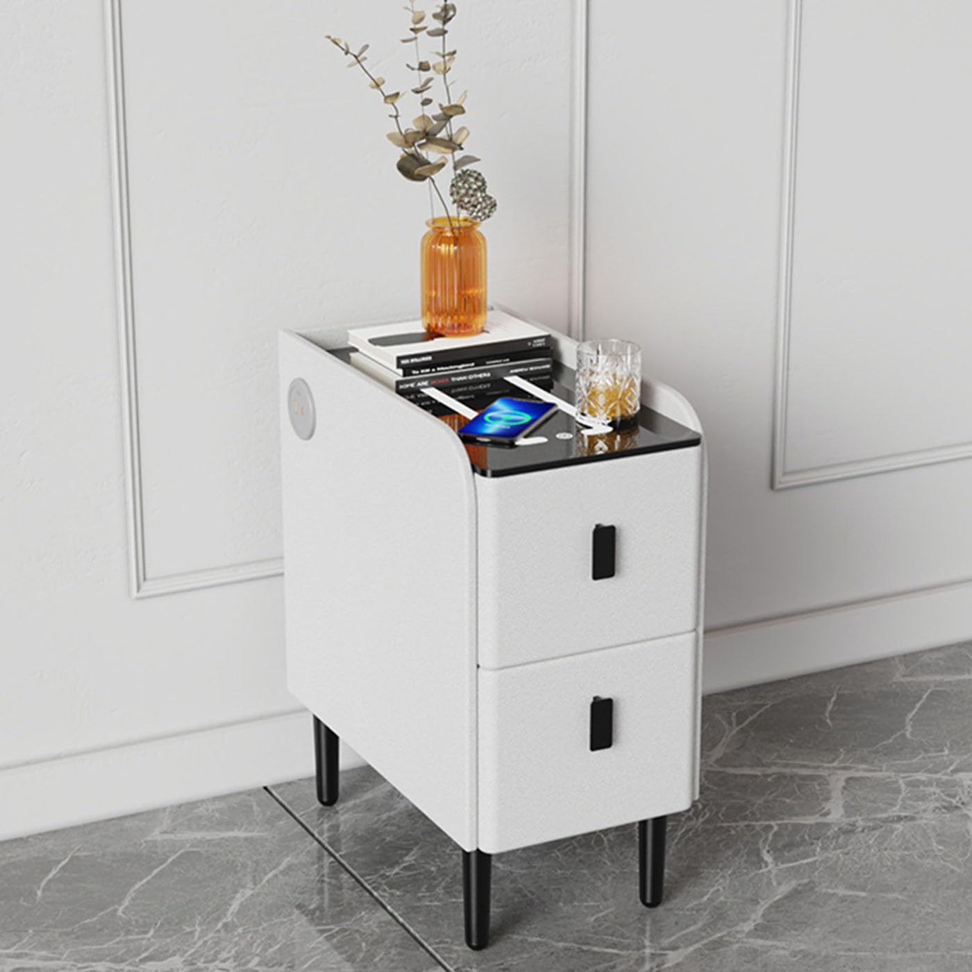 BHGFYXBS Smart Nightstand With Charging Station,3 Colors Led Lights End Table,Modern Bed Side Table With Drawer For Bedrooms,Light Gray-25X40Cm,White-35X40Cm,White-35x40cm