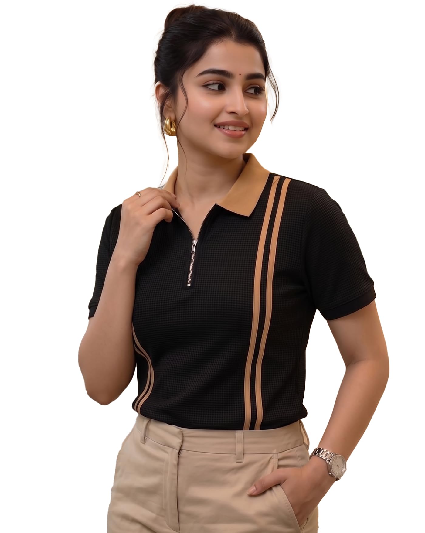 ausk Women’s Elegant Polo Neck Knit T-Shirt | Zip Closure Style | Half Sleeves | Premium Stripe Detailing | Regular Fit-picture-49