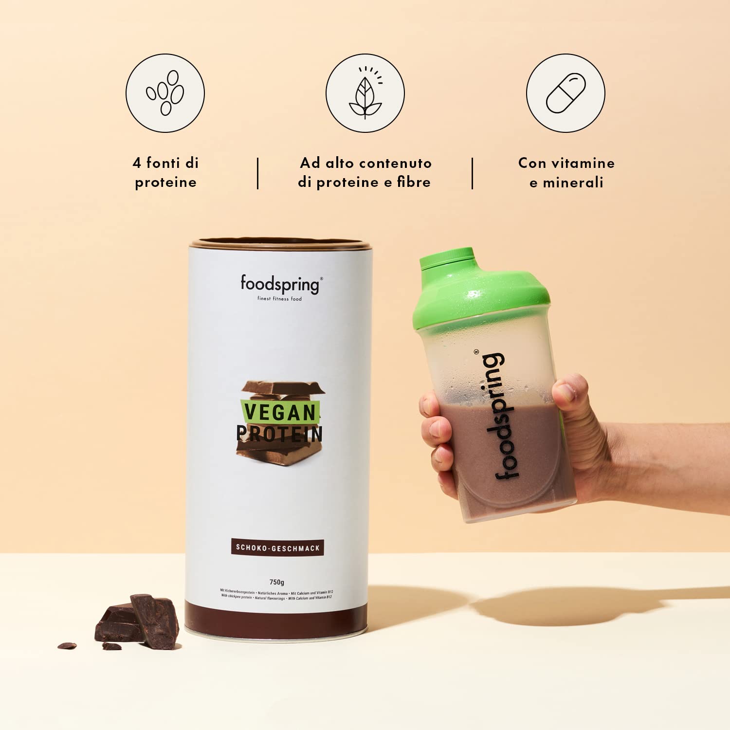 foodspring Proteine Vegane Cioccolato - 20g di proteine per shake, B12, B6, acido folico, biotina, calcio e zinco, senza soia e glutine - 750g