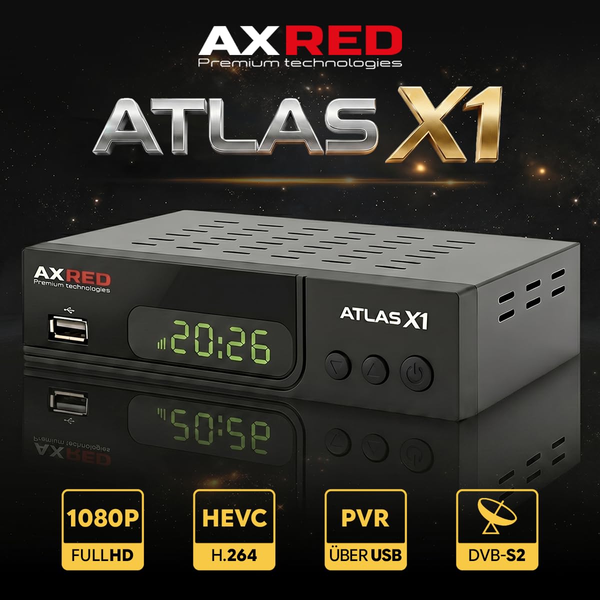 AXRED Atlas X1 + cable HDMI, receptor de satélite HD con función de grabación, Full HDTV, receptor de satélite digital para antena parabólica, TV satélite, receptores HD