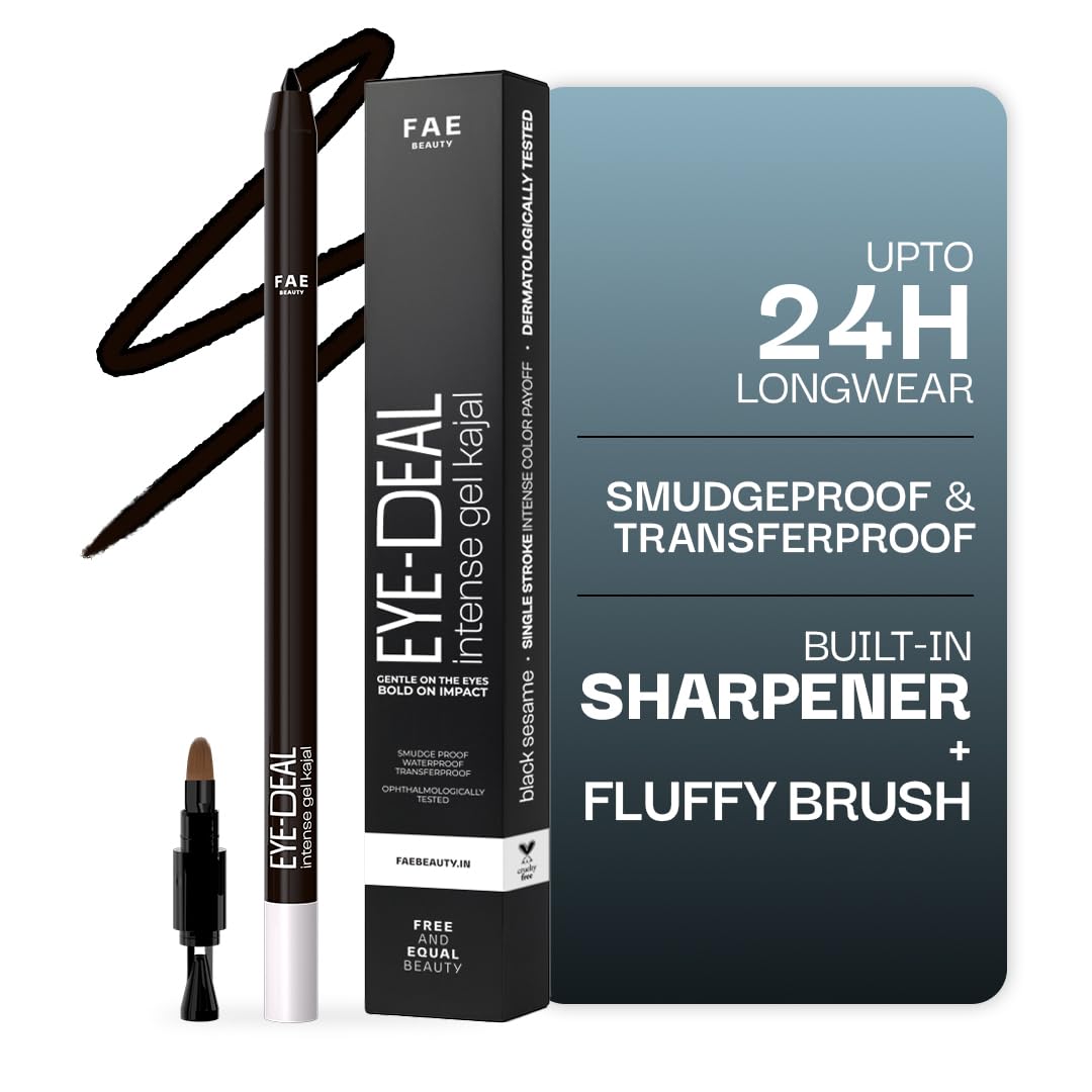 FAE Beauty 24Hr Longwear Eye-Deal Intense Gel Kajal -Smudgeproof, Waterproof, Long lasting With Built-in Sharpener & Fine Bristle Brush |One Swipe Application, Non-Irritant - Black Sesame