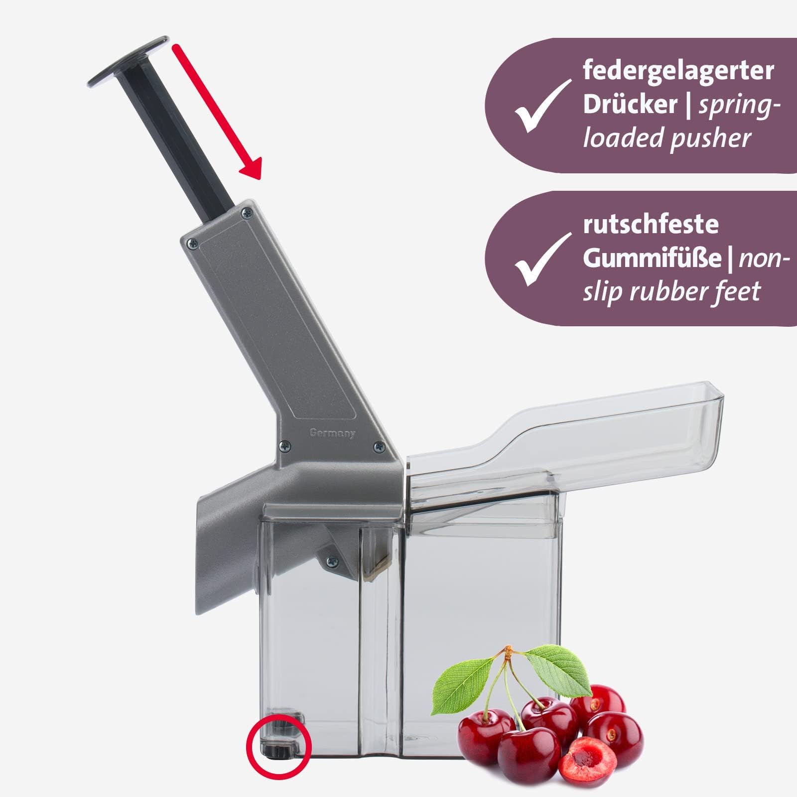Westmark Kirschenentkerner/-entsteiner mit schräggestellter Schütte und großer Kernkassette, Kunststoff/Edelstahl/Aluminium, Kirschomat, Silber/Schwarz/Transparent, 40702260