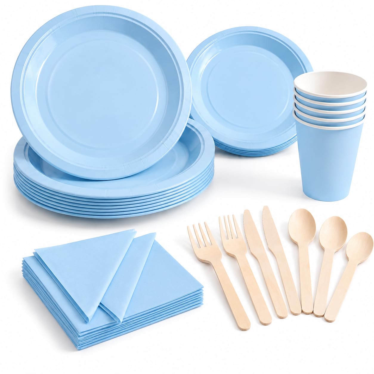 POSHTRENDS 140 PCS Blue Party Tableware Set for 20 Guests – Disposable Plates Cups and Napkins with Wooden Cutlery, Blue Birthday Party Supplies for Boys Baby Shower Parties