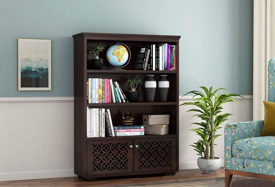 GFH Sheesham Wood Book Shelf Wooden | Bookshelf for Home Library | Display Unit Book Stand with 3 Shelf & 2 Door Cabinet Storage for Office & Home | Walnut Finish