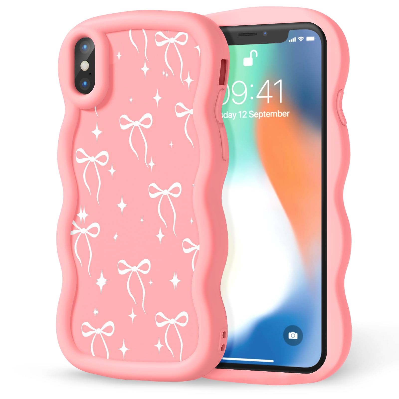 Compatible with iPhone X/iPhone Xs Case for Women Girls, Curly Wavy Frame with Cute Pattern, Aesthetic Slim Soft Silicone TPU Bumper Shockproof Phone Case for iPhone X/XS - Bowknot Star