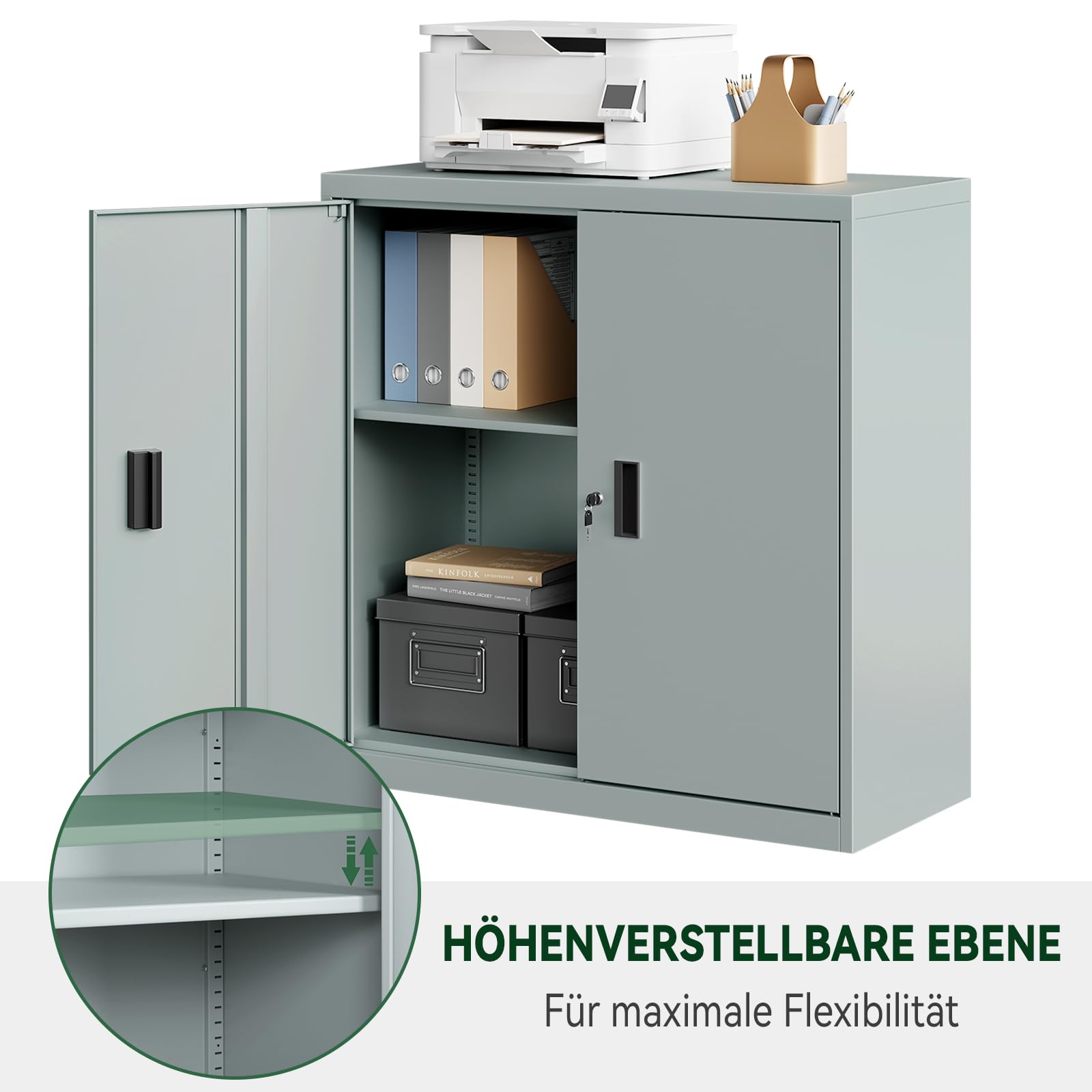 WOLTU Armadio per Archiviazione con Serratura e Ripiano Regolabile in Altezza, Armadio Multiuso per Ufficio in Metallo, Grigio, L90xH92xP40 cm, ASK12gr